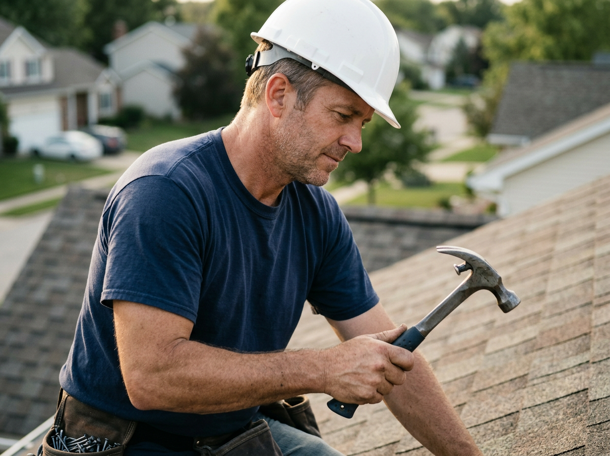 Sunrise Construction craftsman working on an Albany residential roof