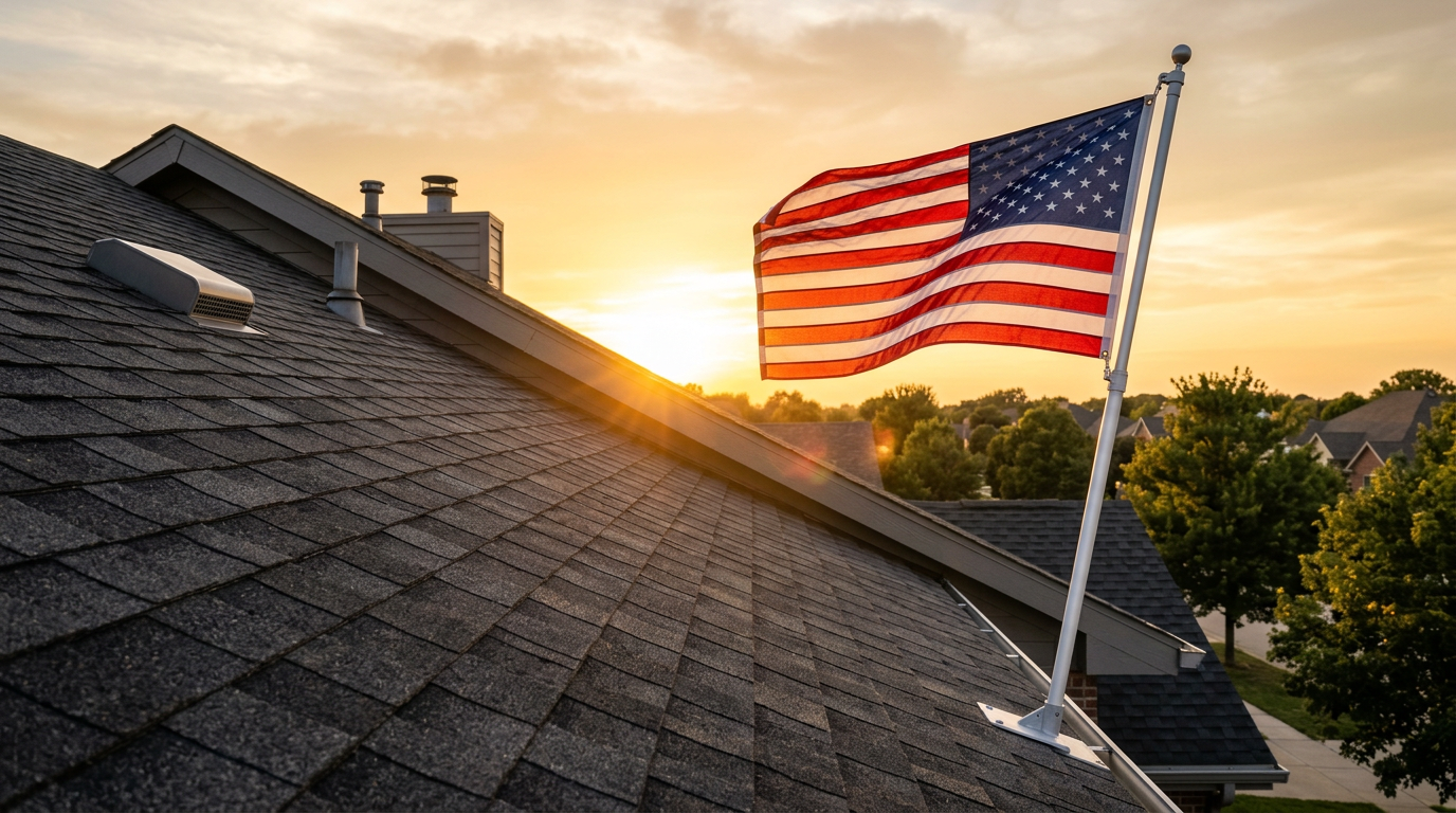 American suburban home at golden hour with a brand-new roof